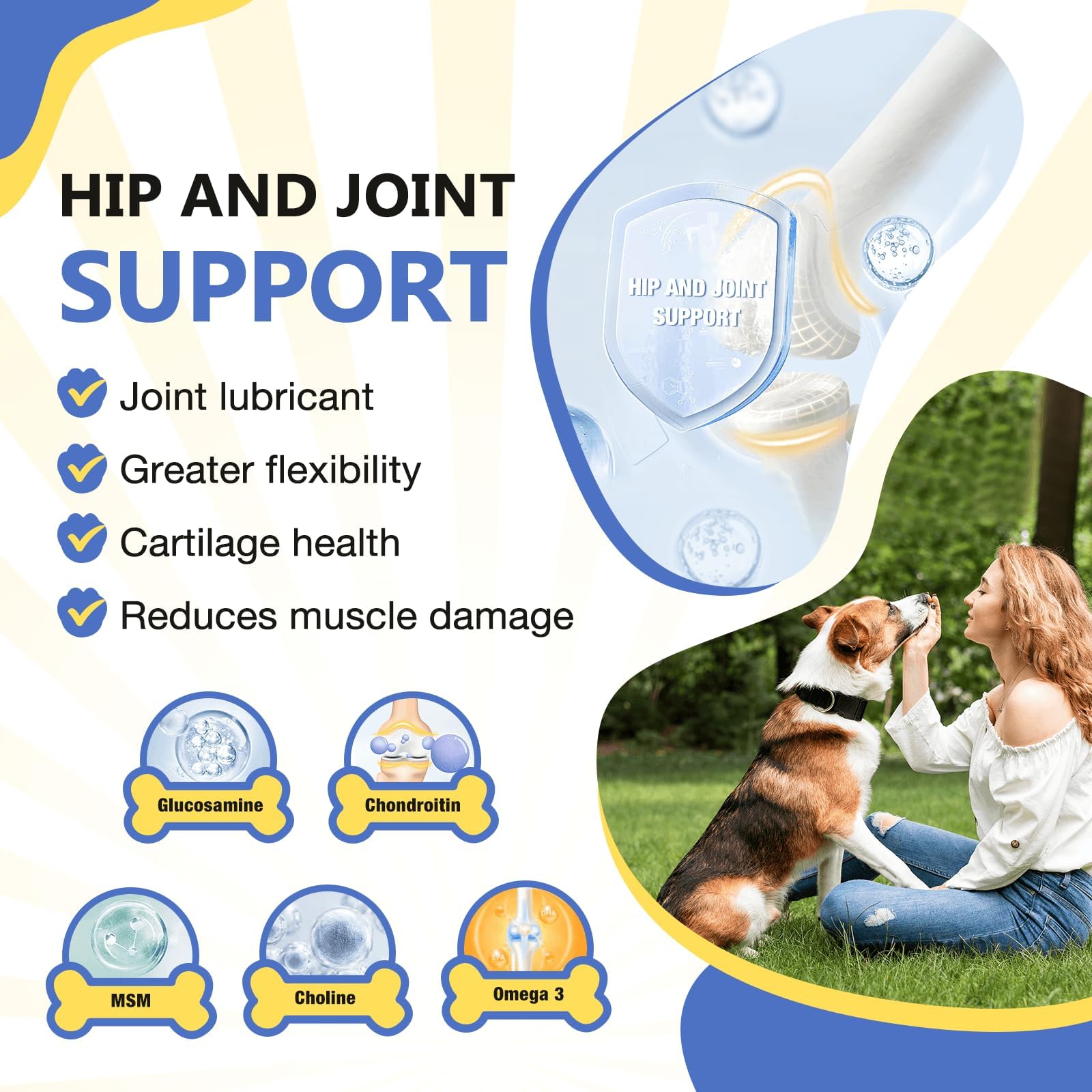 Omega-3 and joint ingredients for comfortable movement in dogs.