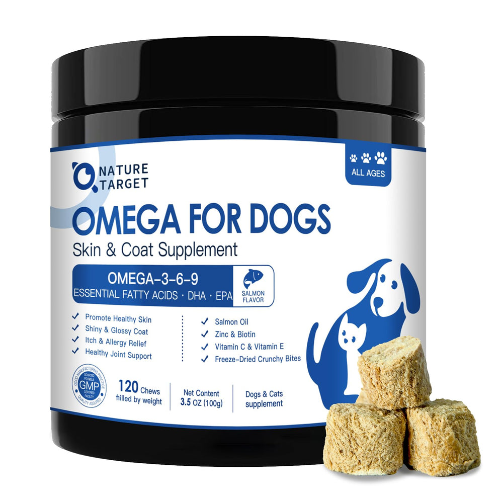 Nature Target Omega-3 dog oil bottle for healthy skin and coat.