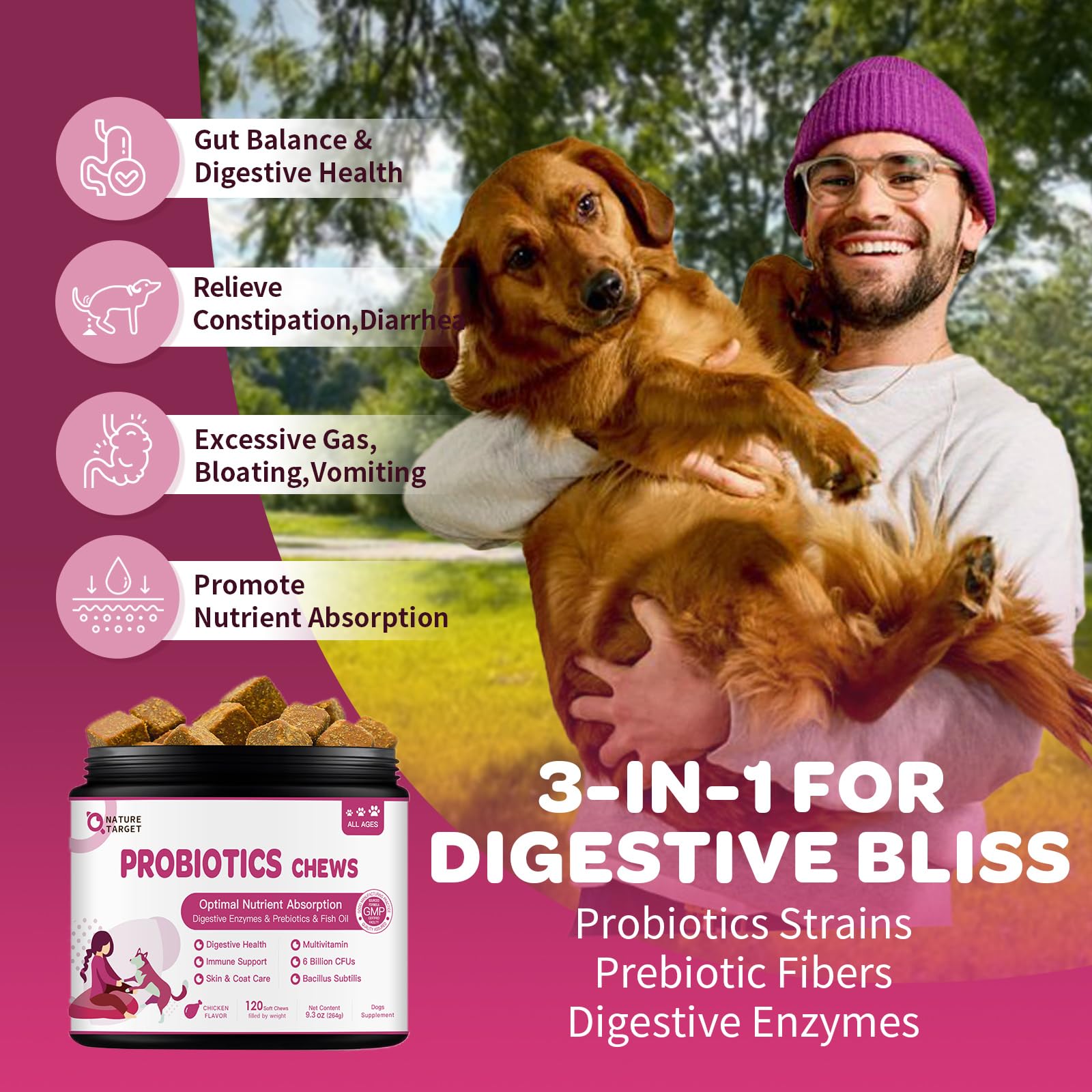 NATURE TARGET Probiotics dog chews pack supports daily digestion and immune health