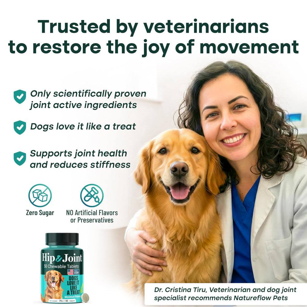 Natureflow dog tablets close-up highlighting sugar-free formula.