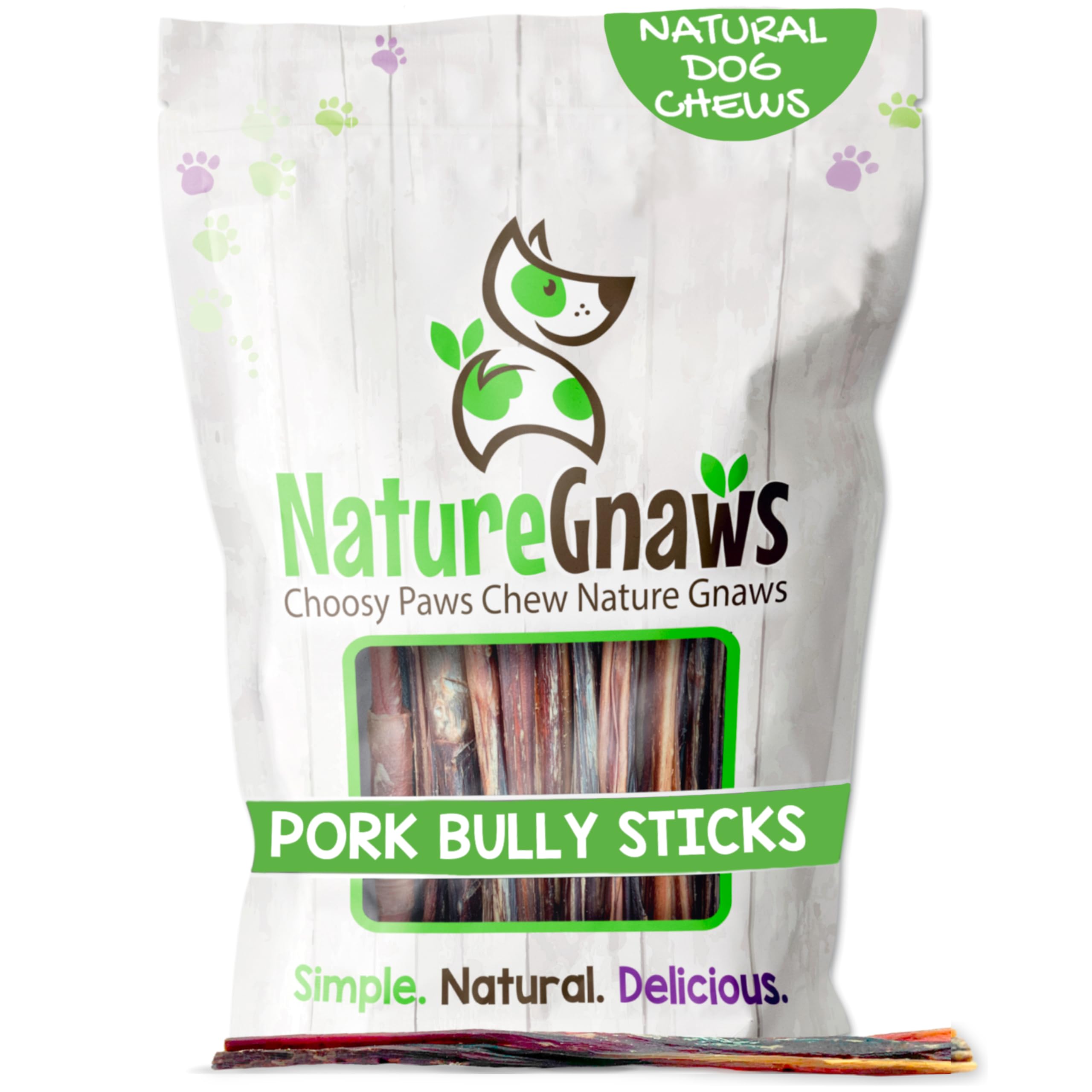 Nature Gnaws pork bully sticks for small dogs, packaging front, natural long-lasting chew.