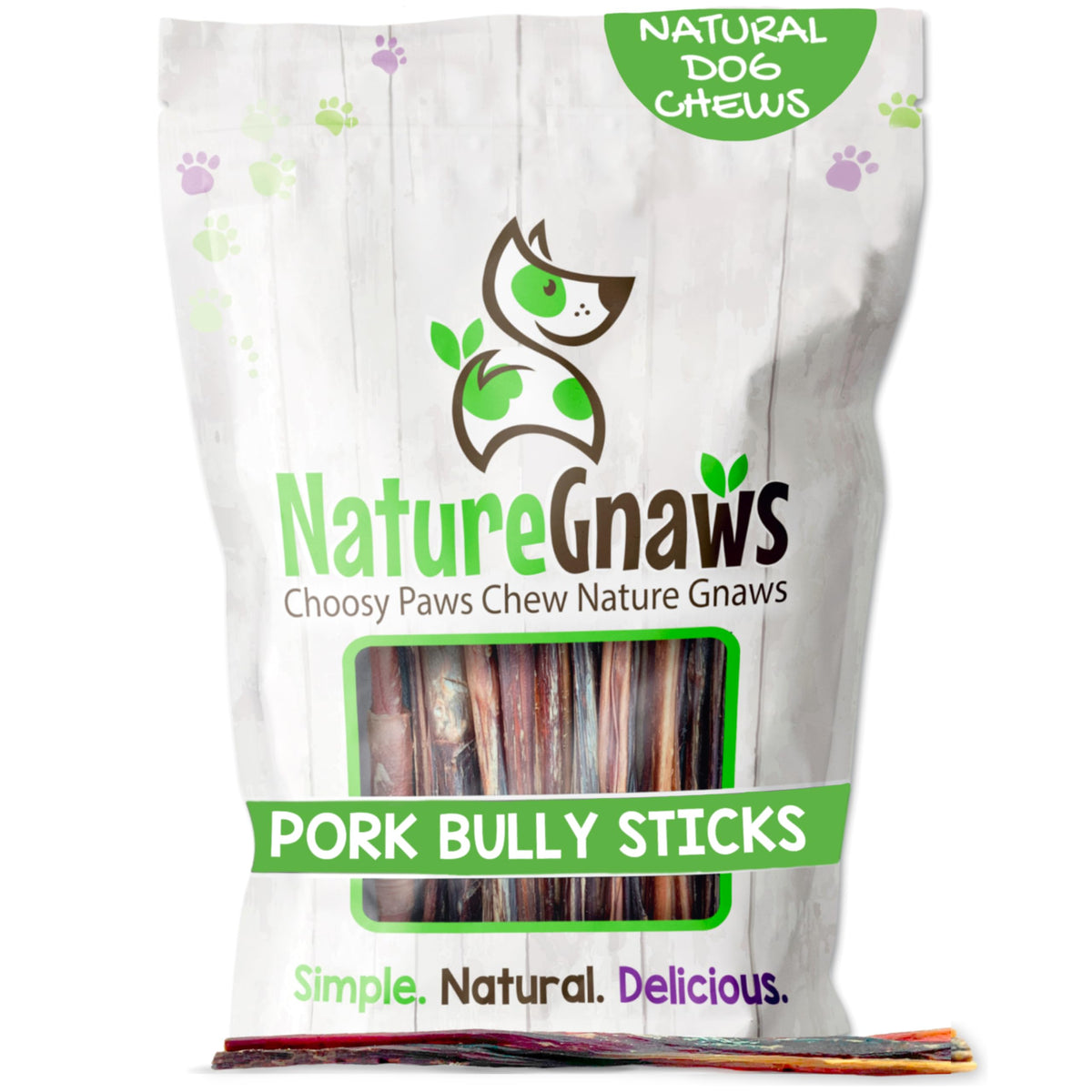 Nature Gnaws pork bully sticks for small dogs, packaging front, natural long-lasting chew.