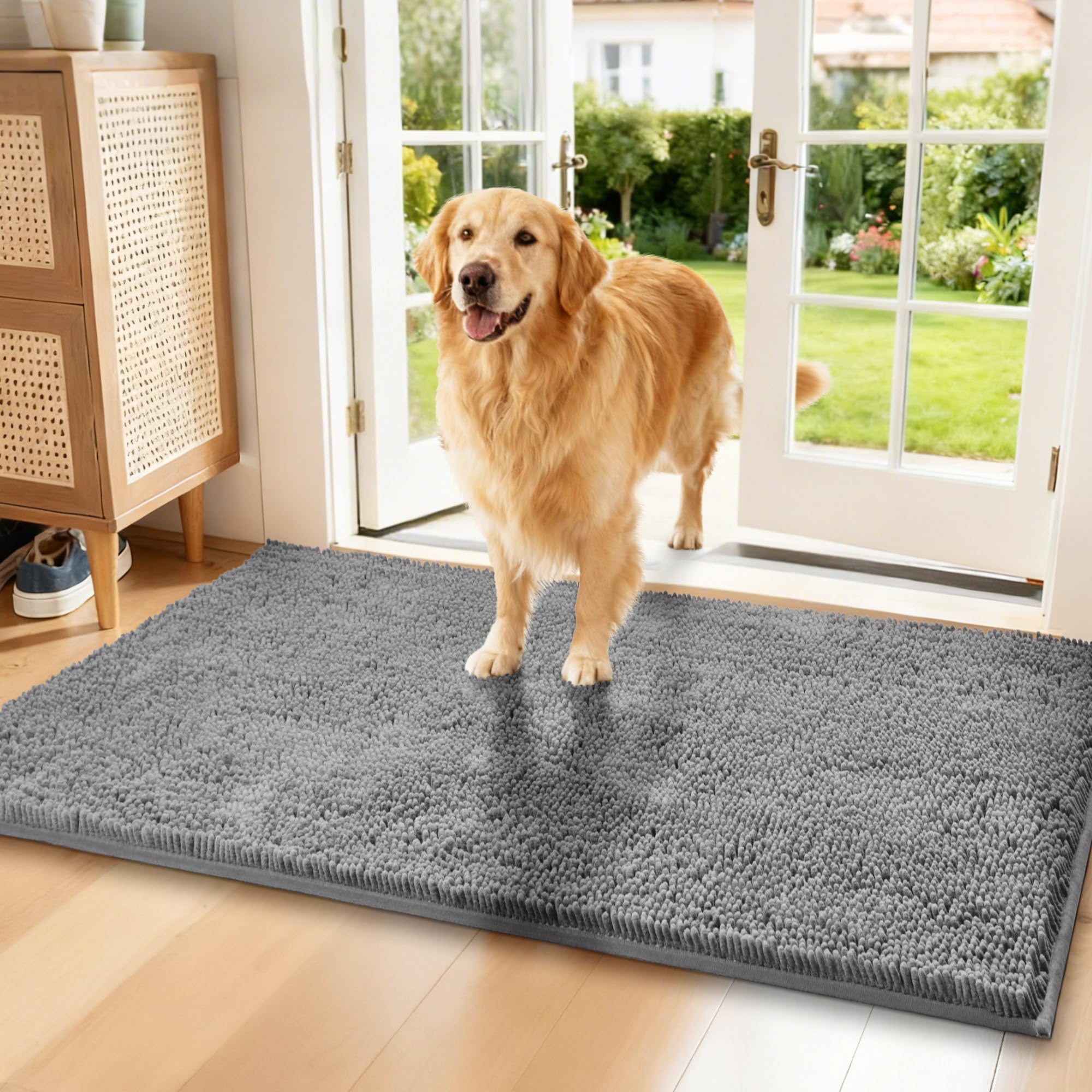 Naturei chenille front door mat with absorbent fibers capturing dirt at the entry.