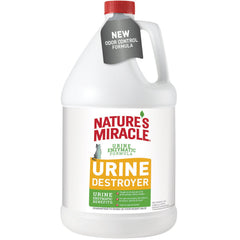 Nature's Miracle Urine Destroyer pour bottle shown for targeted carpet stain treatment.