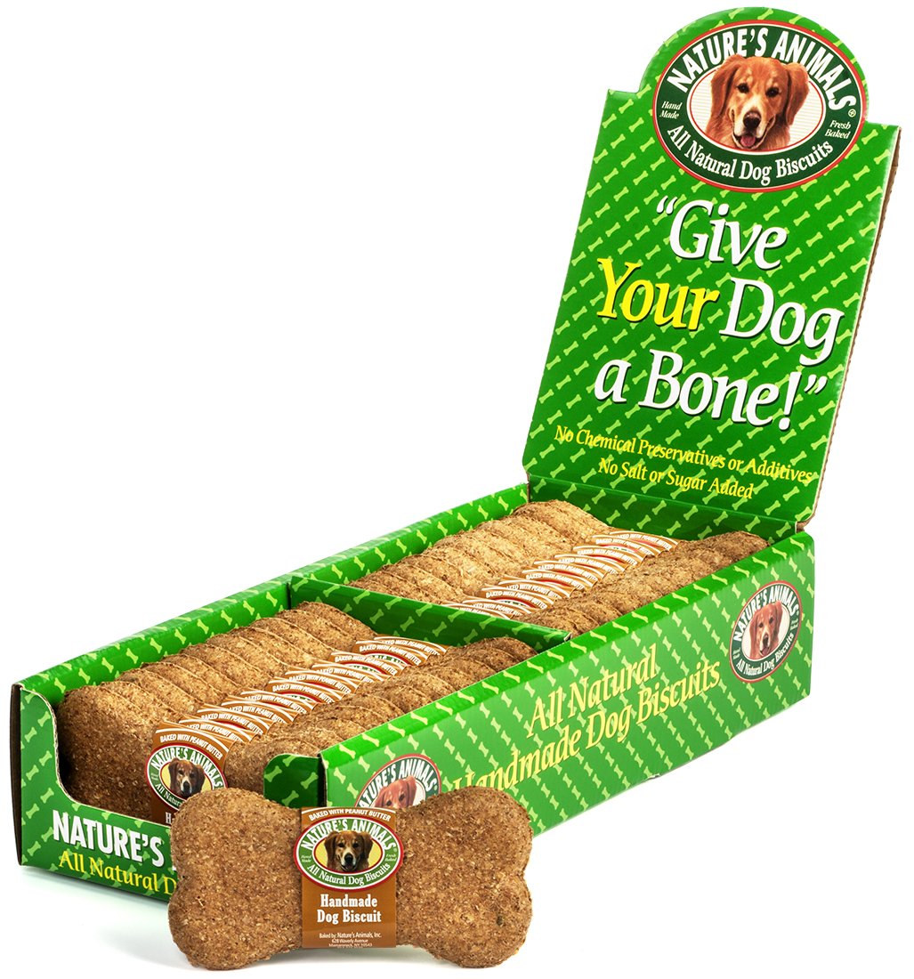 Closeup of Nature's Animals biscuits with wholesome ingredients for dogs.