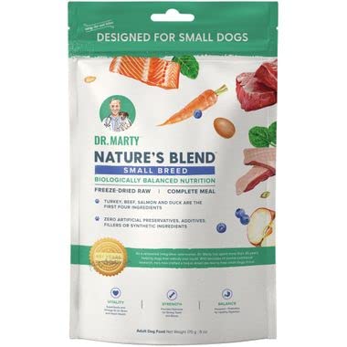 Nature's Blend seafood flavor freeze-dried bites for small breeds, convenient daily nutrition.