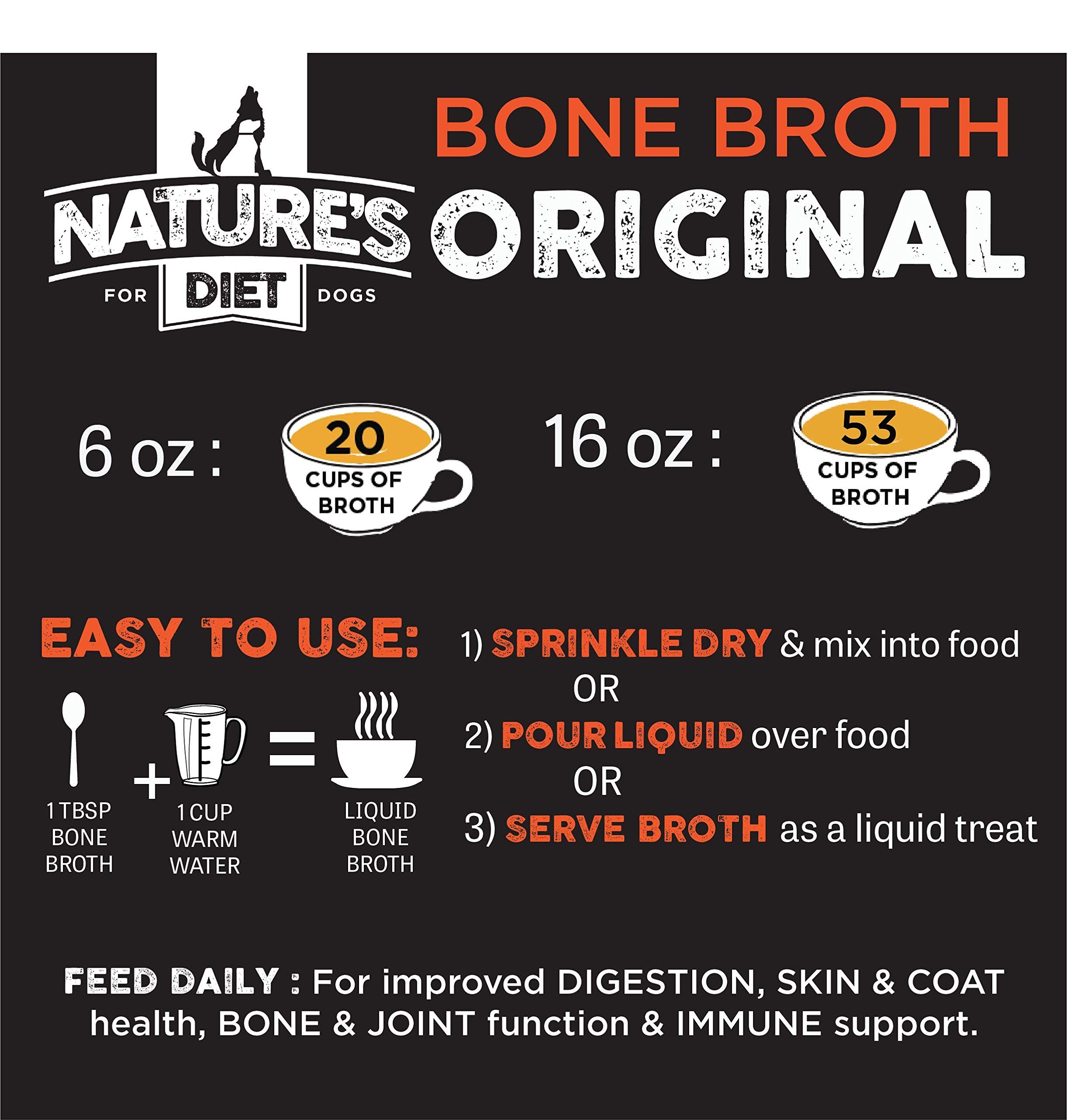 Nature's Diet bone broth label highlights human-grade ingredients and small-batch quality.