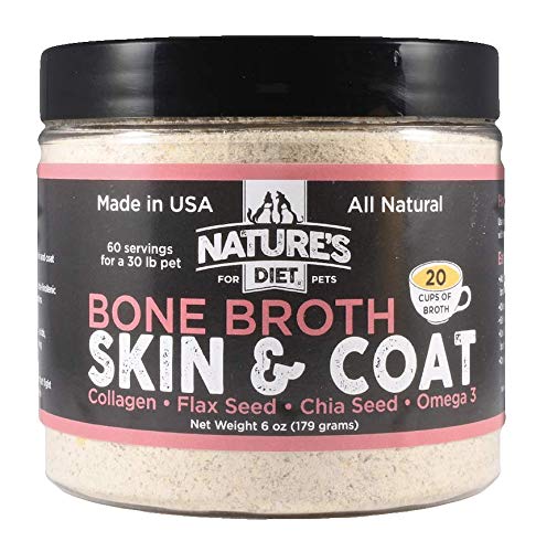 Nature's Diet bone broth powder bottle supports digestion and coat health in pets.