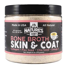 Nature's Diet bone broth powder bottle supports digestion and coat health in pets.