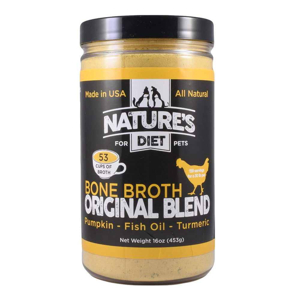 Nature's Diet bone broth powder canister offers ready-to-mix nutrition for meals.