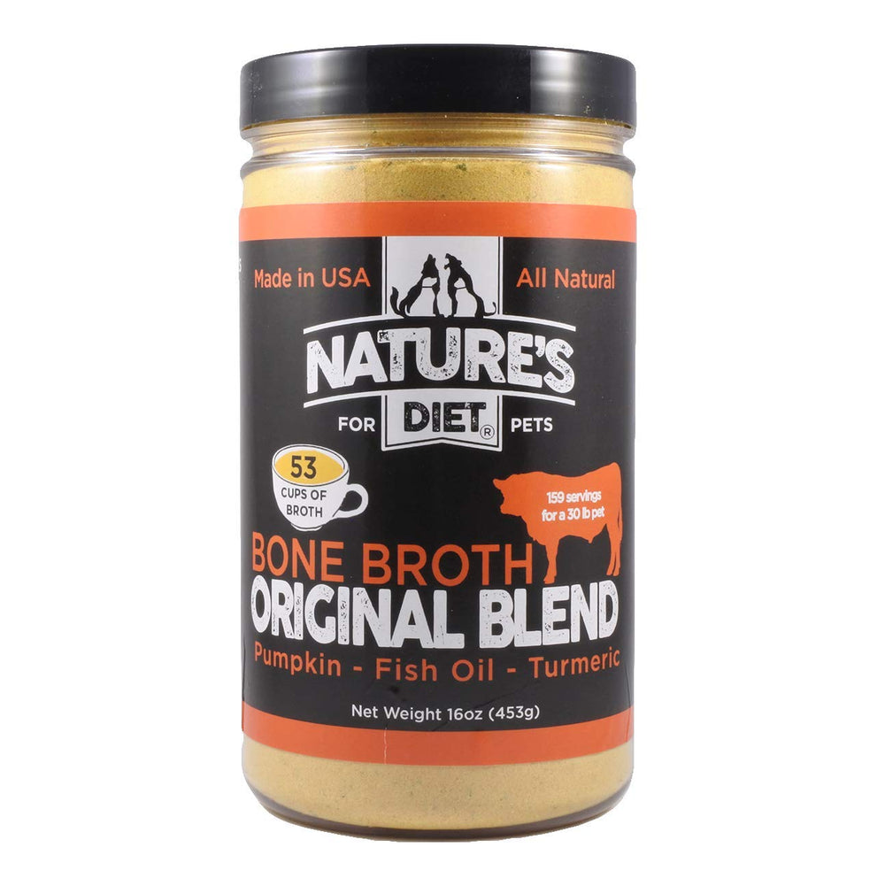Nature's Diet bone broth powder pours into a pet bowl for pumpkin-infused gravy.