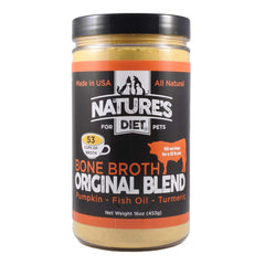 Nature's Diet bone broth powder pours into a pet bowl for pumpkin-infused gravy.
