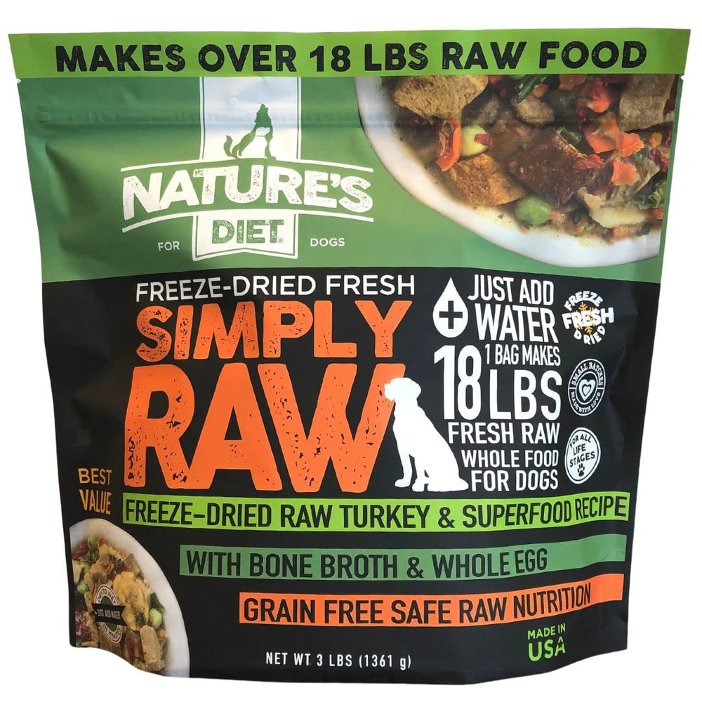 Nature's Diet Simply Raw bag close-up with real ingredients for convenient meals.