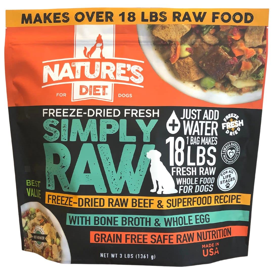 Nature's Diet Simply Raw beef bag transforming into 18 lbs of ready-to-serve nutrition
