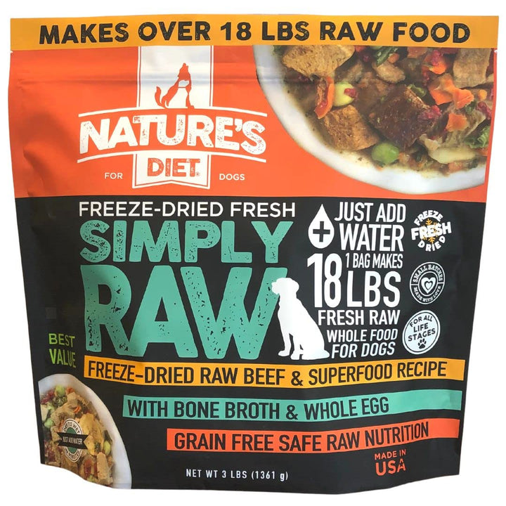 Nature's Diet Simply Raw beef bag transforming into 18 lbs of ready-to-serve nutrition