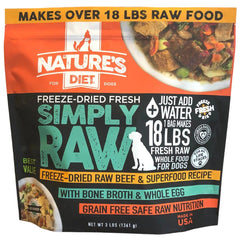 Nature's Diet Simply Raw beef bag transforming into 18 lbs of ready-to-serve nutrition