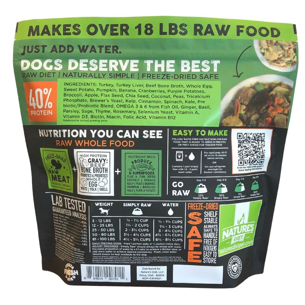 Small-batch USA-sourced production shown in Nature's Diet Simply Raw packaging.