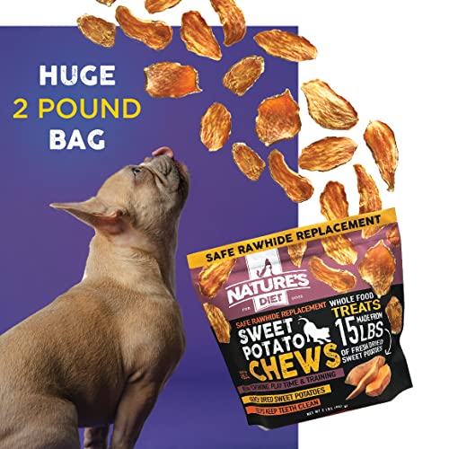 Nature's Diet Sweet Potato Chews XL bag open, ideal for training rewards and treats.