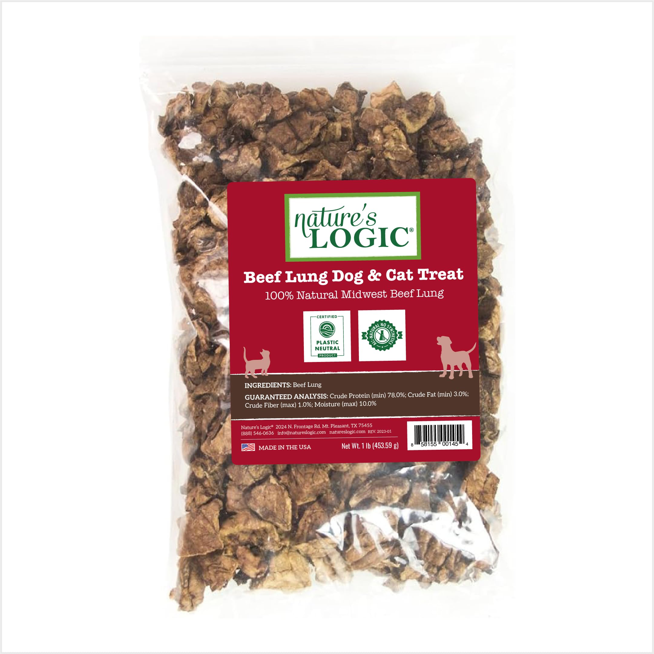NATURE'S LOGIC beef lung treats packaging shows pure, single-ingredient sourcing for carnivore-inspired snacking.