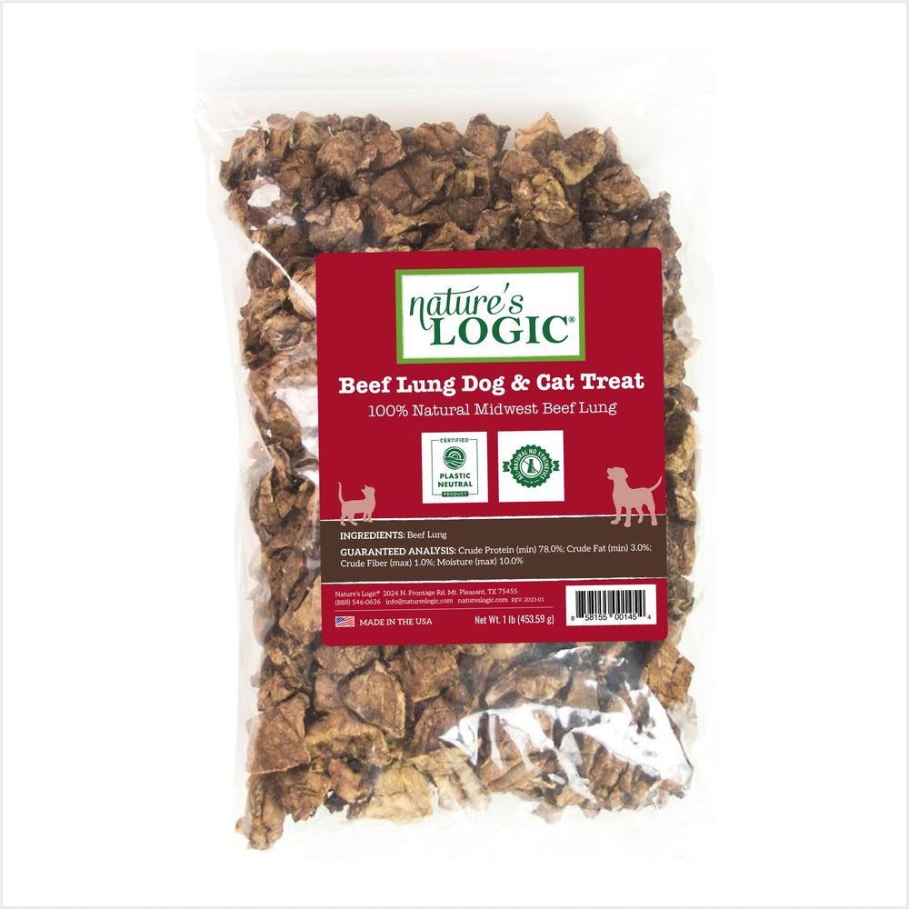 NATURE'S LOGIC beef lung treats packaging shows pure, single-ingredient sourcing for carnivore-inspired snacking.