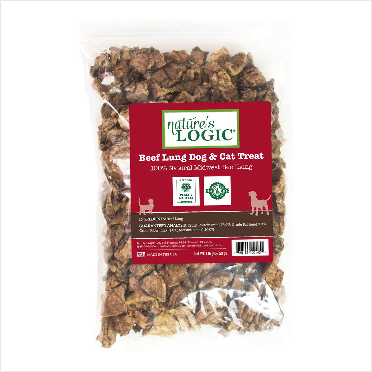 NATURE'S LOGIC beef lung treats packaging shows pure, single-ingredient sourcing for carnivore-inspired snacking.