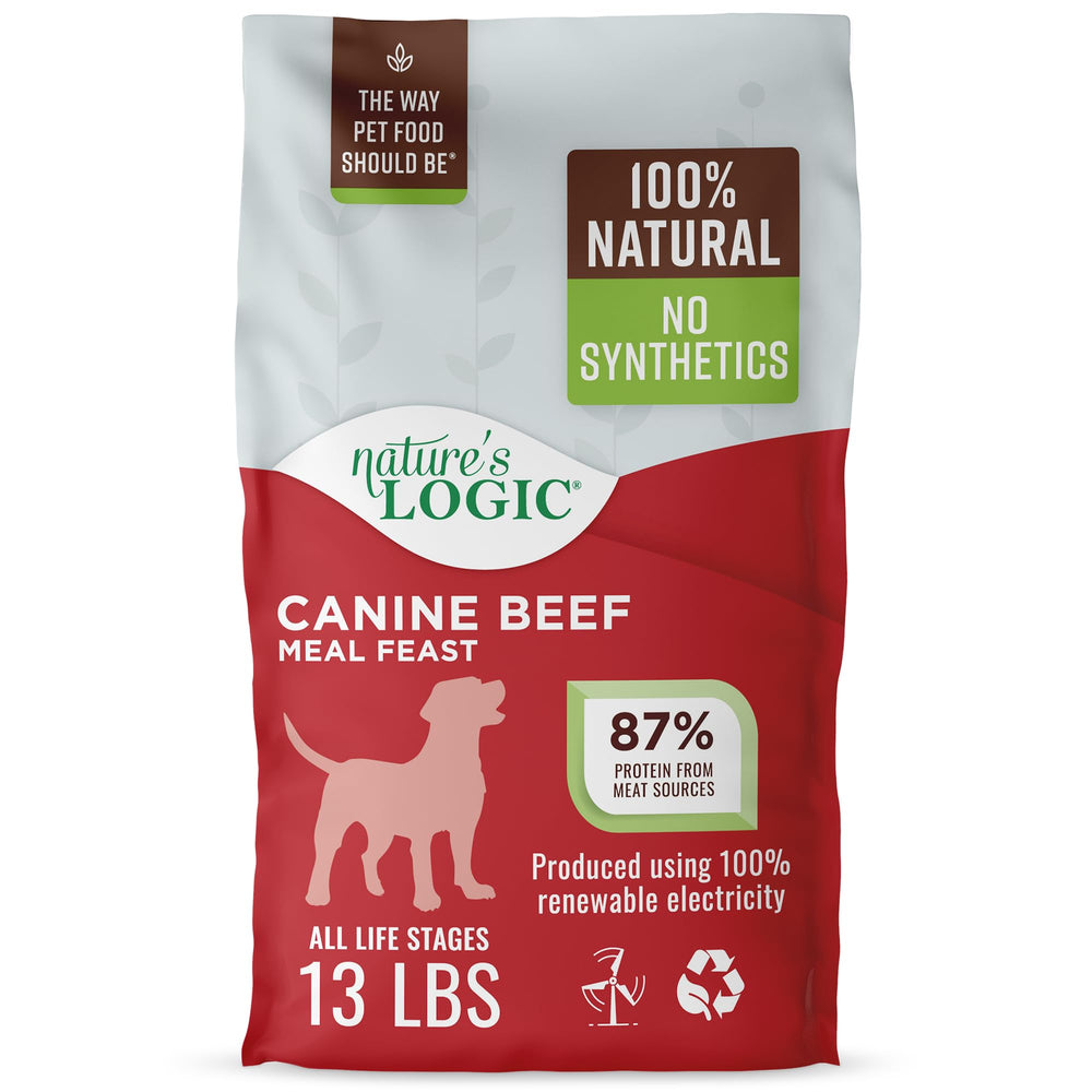 Nature's Logic Beef Meal Feast bag front showing high-protein nutrition for all life stages