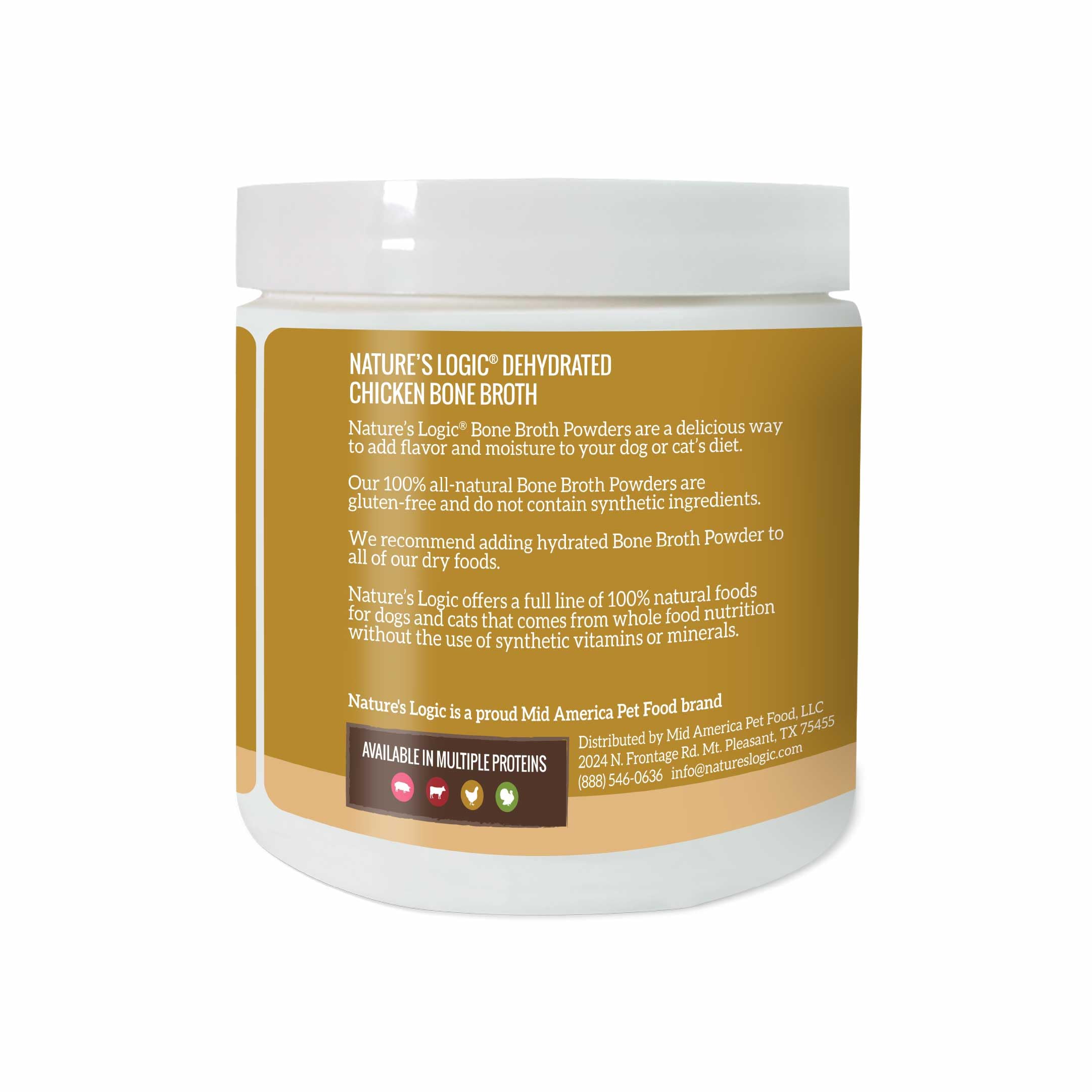Nature's Logic bone broth powder jar close-up highlighting 24 kcal per tablespoon.