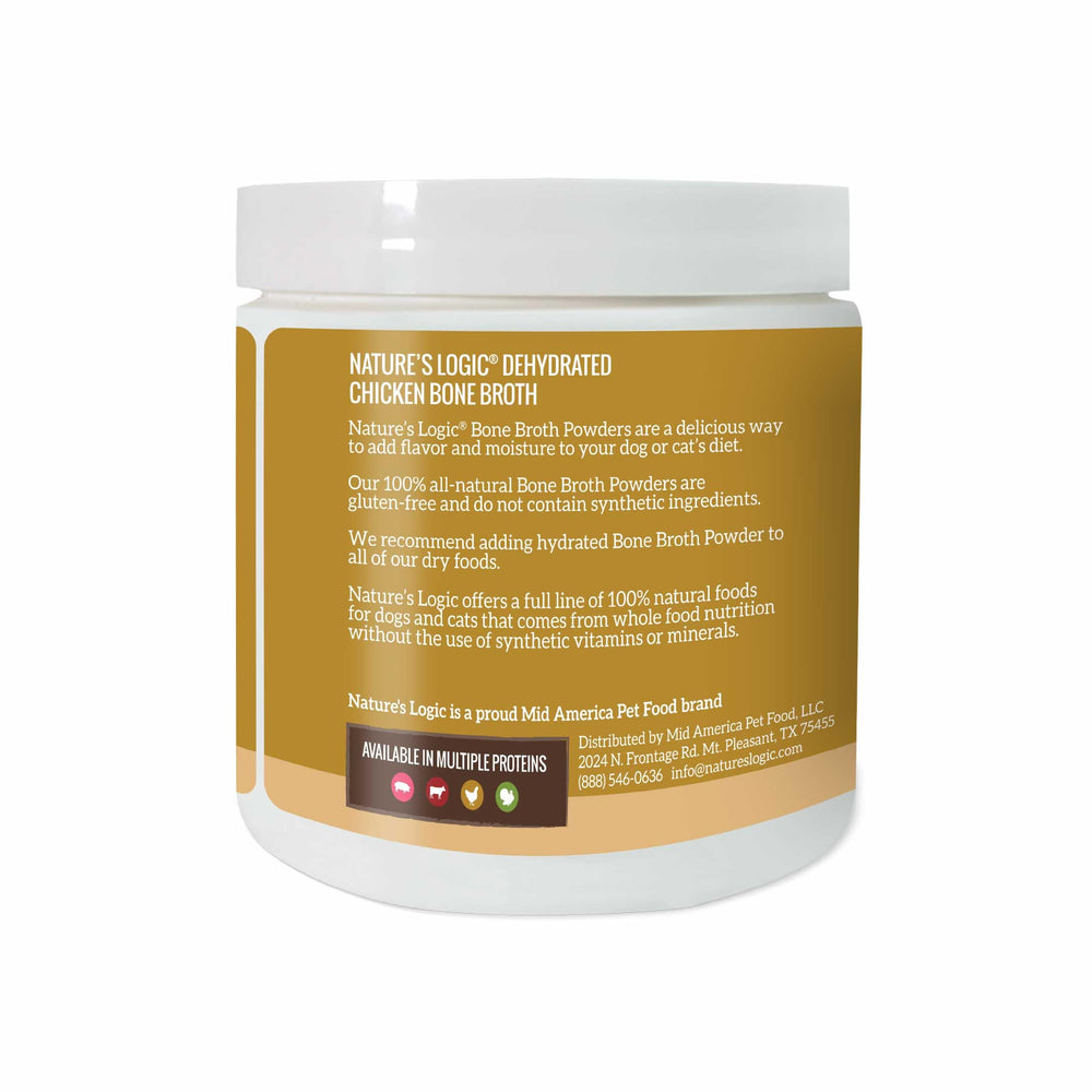 Nature's Logic bone broth powder jar close-up highlighting 24 kcal per tablespoon.