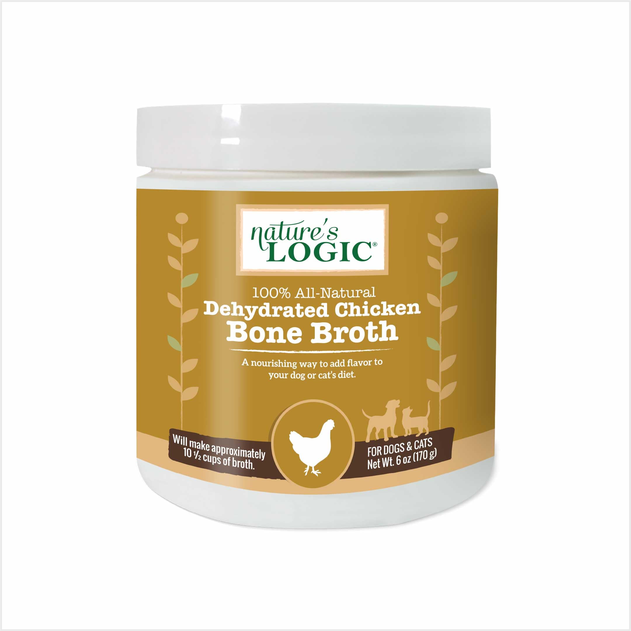 Nature's Logic dehydrated chicken bone broth powder packaging, gluten-free topper for meals.