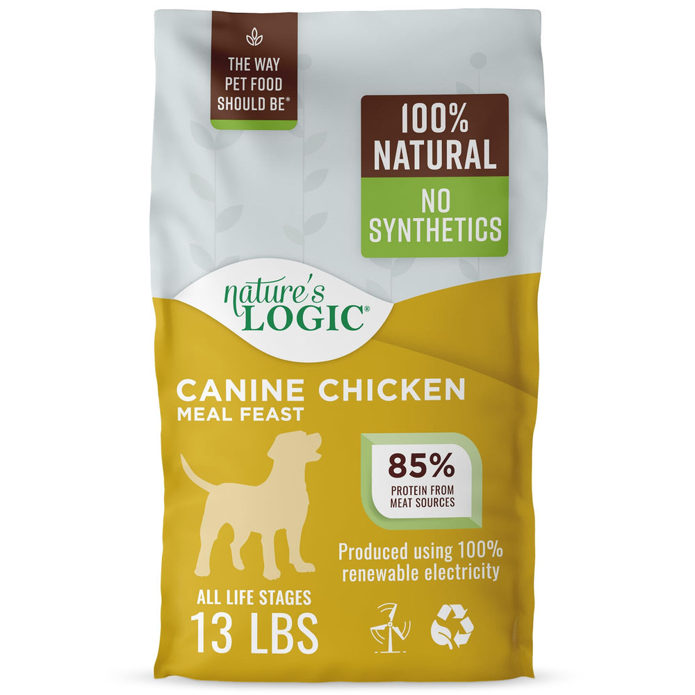 Nature's Logic dry dog food bag shows chicken meal for all life stages.