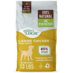 Nature's Logic dry dog food bag shows chicken meal for all life stages.