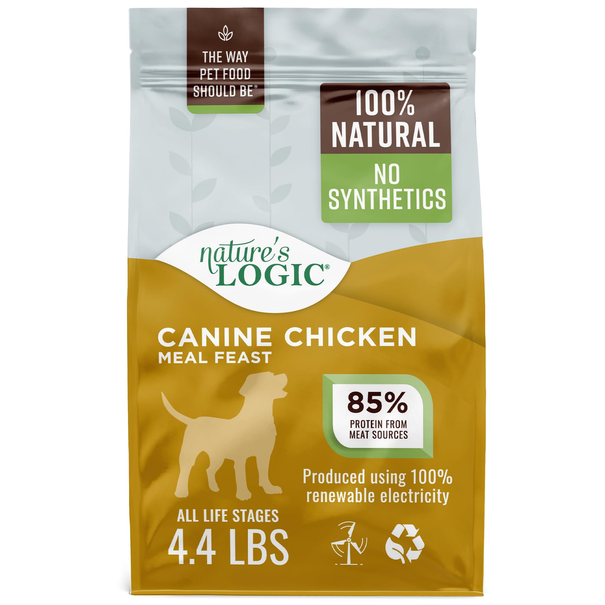 Nature's Logic Chicken Meal Feast dry dog food bag showing protein-rich formula