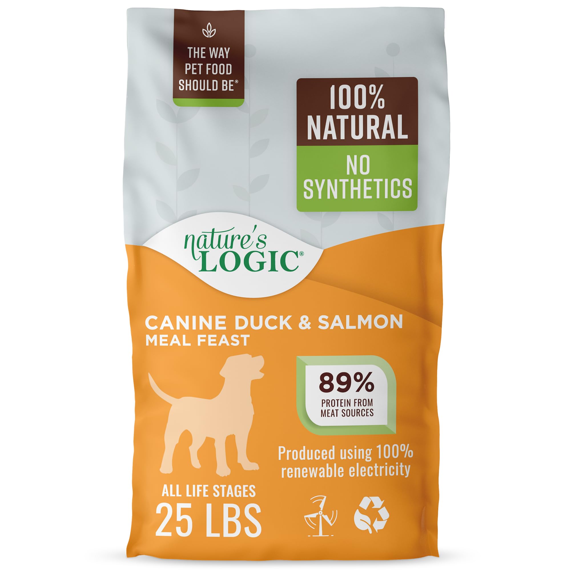 Nature's Logic duck and salmon meal feast bag front highlights premium protein source