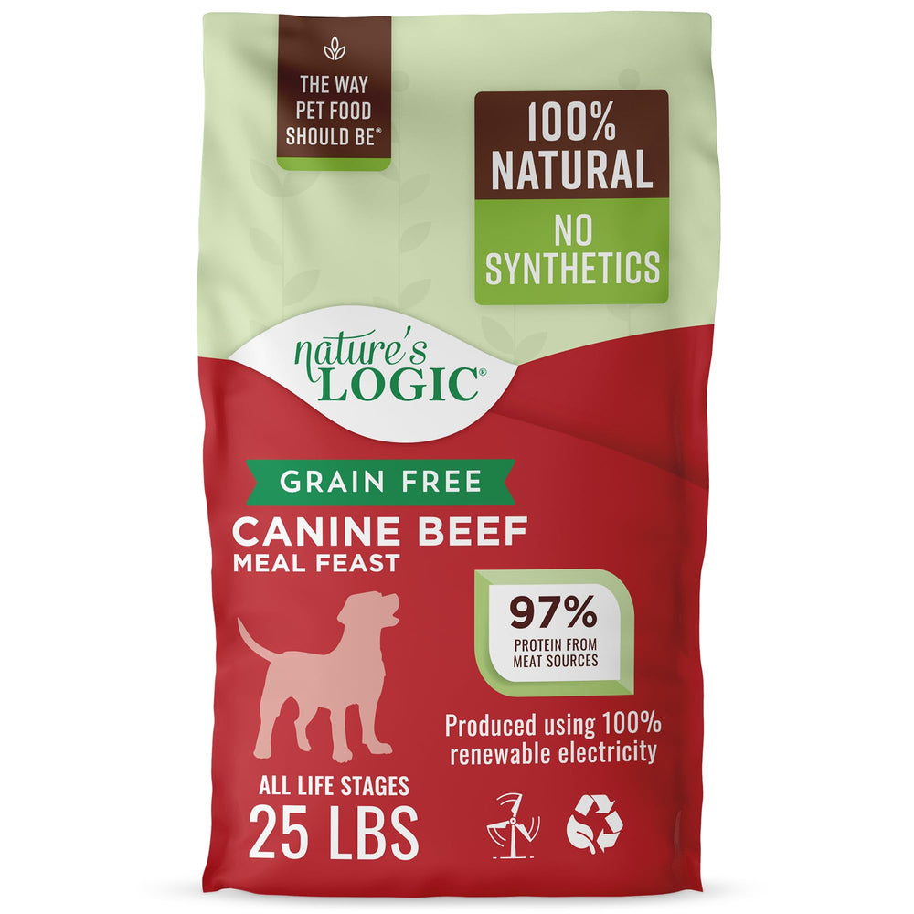 Nature's Logic Grain-Free Beef Meal Feast bag front showing high-protein formula for all life stages.