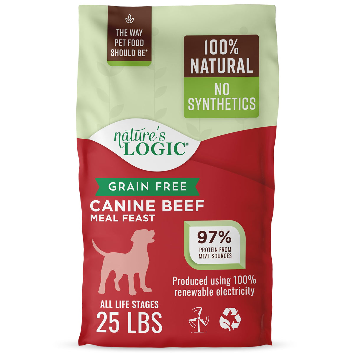 Nature's Logic Grain-Free Beef Meal Feast bag front showing high-protein formula for all life stages.
