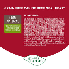 Beef-forward protein close-up from Nature's Logic Grain-Free Beef Meal Feast ingredients.