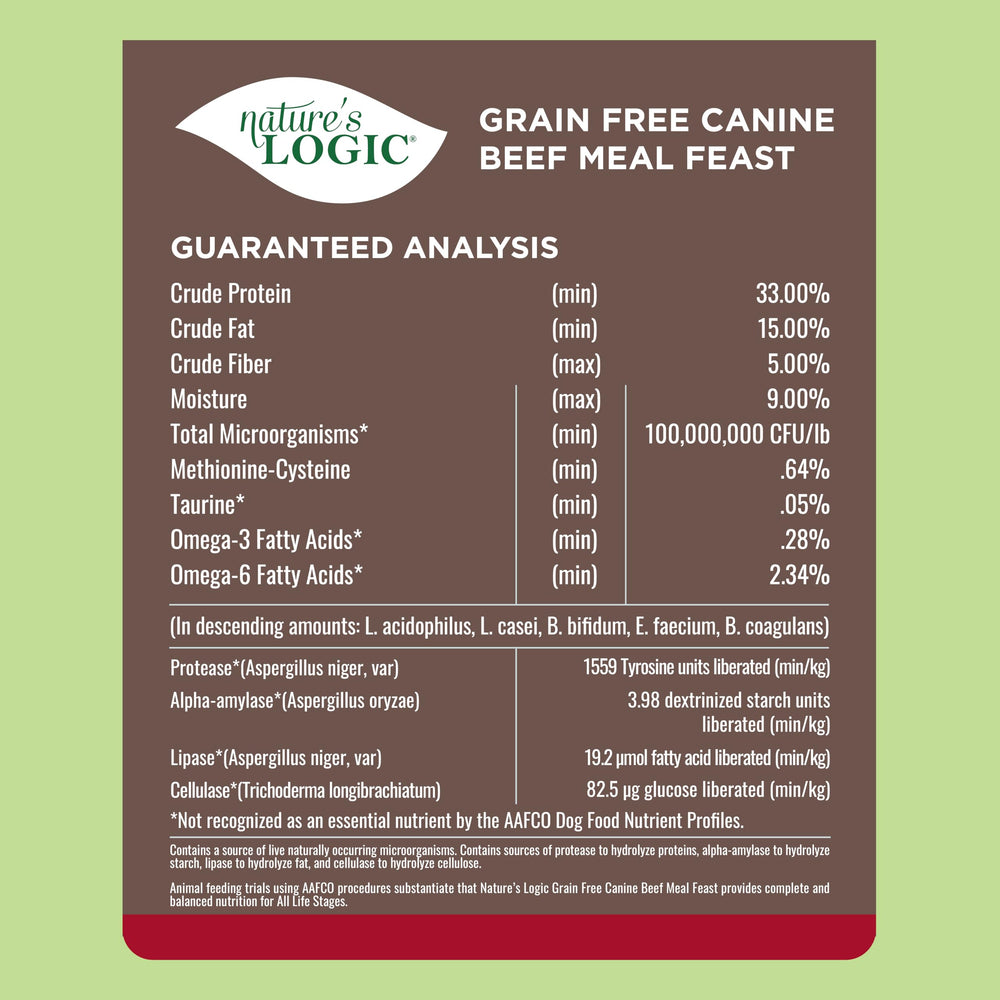 Kibble in a bowl of Nature's Logic Grain-Free Beef Meal Feast for dry or moistened feeding.