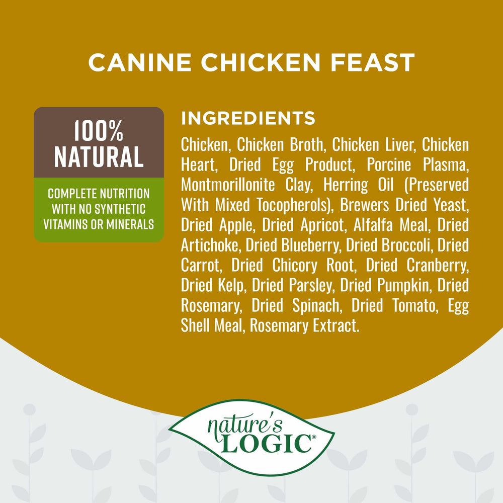 Nature's Logic grain-free dog food ingredients spread highlights fruits and vegetables for balanced nutrition.