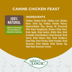 Nature's Logic grain-free dog food ingredients spread highlights fruits and vegetables for balanced nutrition.