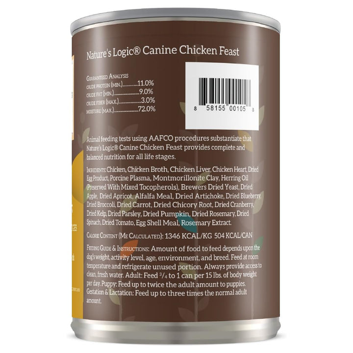Nature's Logic grain-free dog food meat chunks foreground emphasizes high-quality animal proteins for energy.