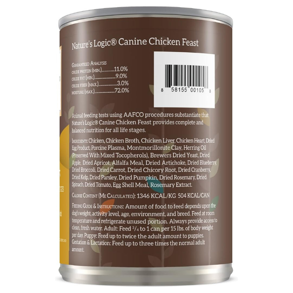 Nature's Logic grain-free dog food meat chunks foreground emphasizes high-quality animal proteins for energy.