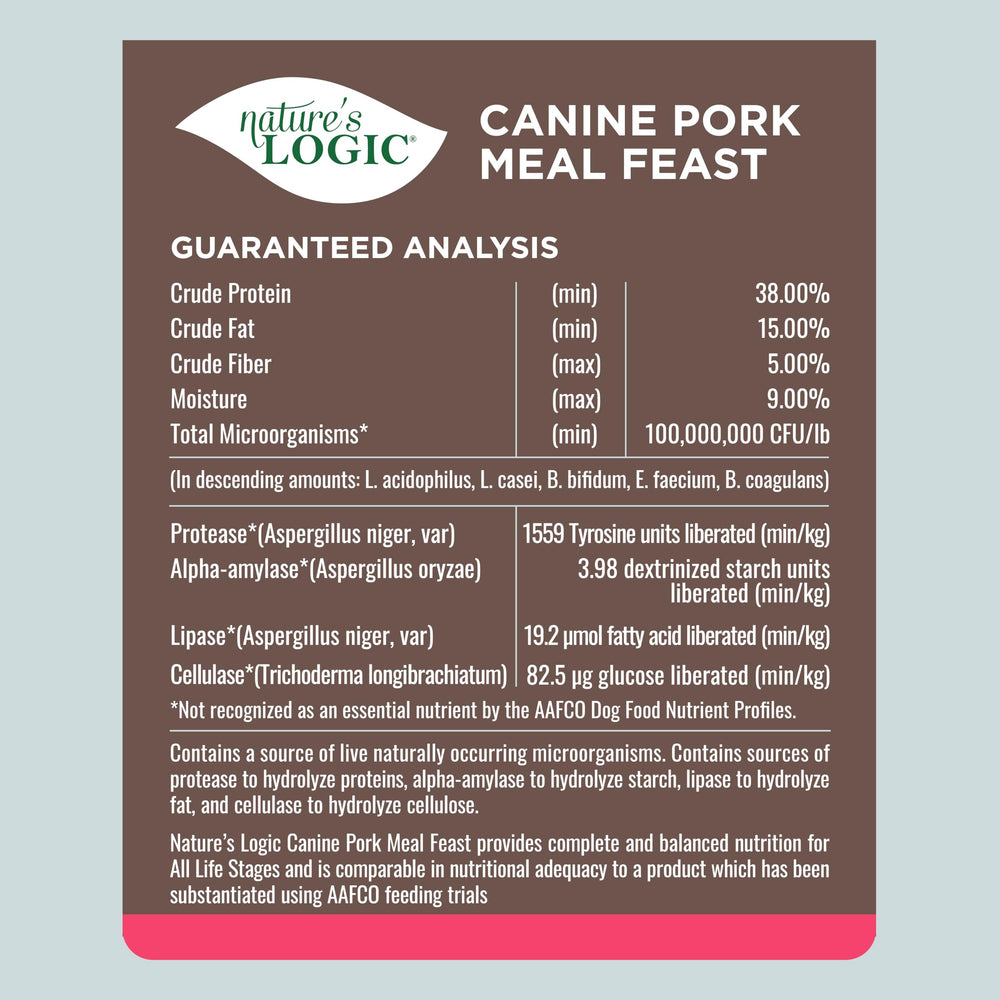 Nature's Logic Pork Meal Feast fresh cup serving demonstrates balanced energy for all life stages.