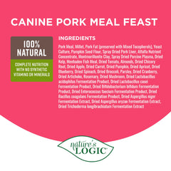 Nature's Logic Pork Meal Feast ingredient chart emphasizes millet and pumpkin seed flour.