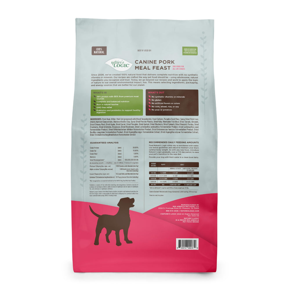 NATURE'S LOGIC Pork Meal Feast packaging close-up highlighting all-natural ingredients.