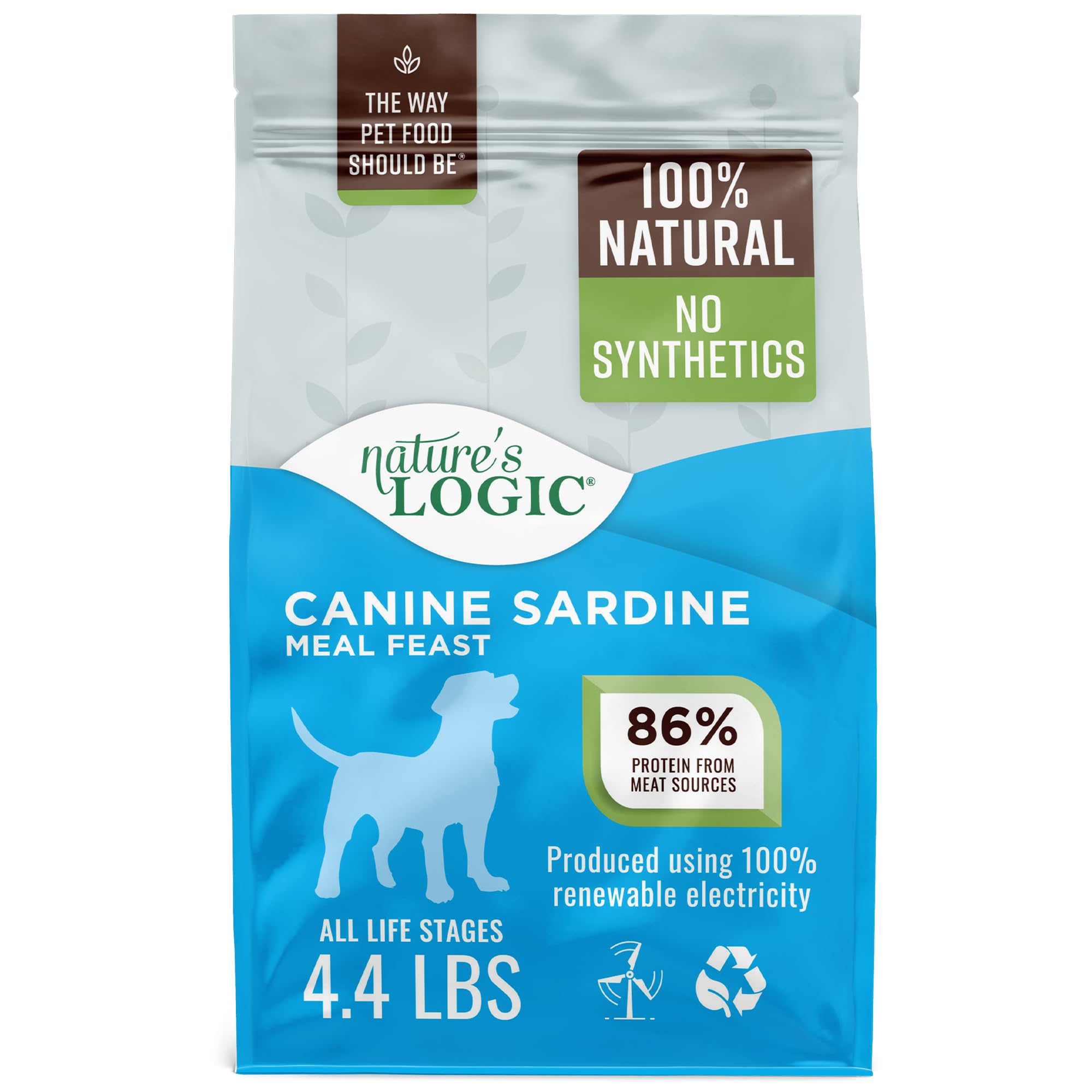 Nature's Logic Sardine Meal Feast dry dog food bag highlighting protein-rich recipe for all ages
