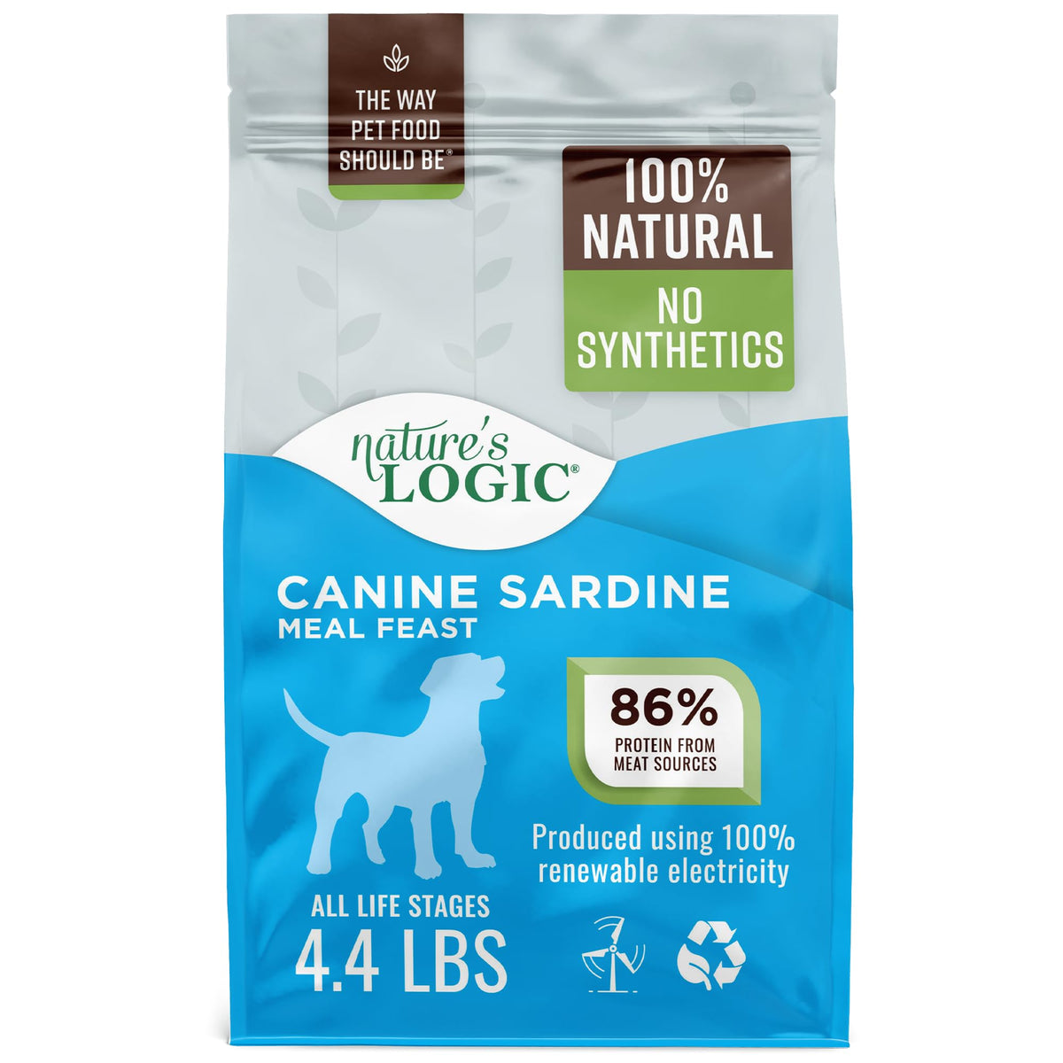 Nature's Logic Sardine Meal Feast dry dog food bag highlighting protein-rich recipe for all ages