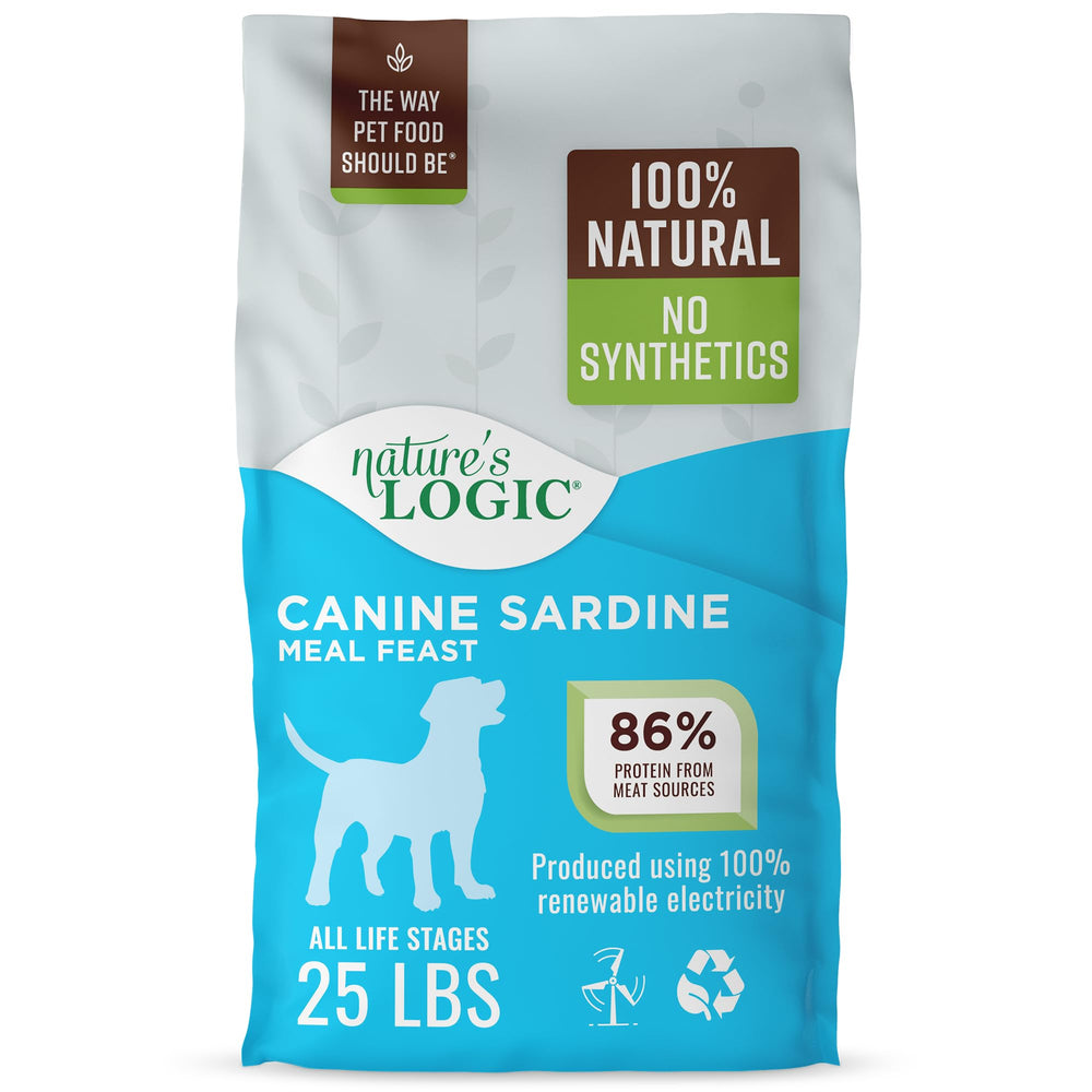 Nature's Logic Sardine Meal Feast dry dog food bowl highlights high-protein nourishment for active dogs