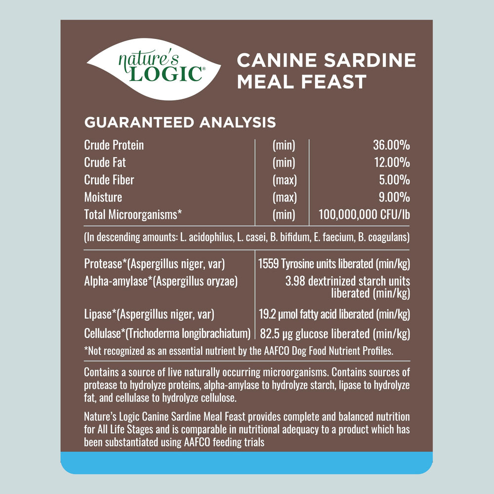 Nature's Logic Sardine Meal Feast label highlighting multiple proteins for easy rotation