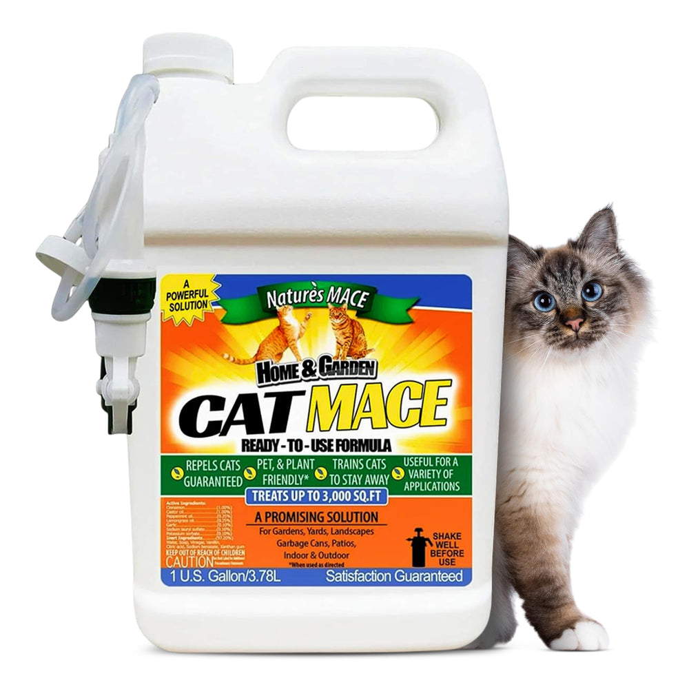 Nature's MACE cat deterrent bottle for outdoor spray deterring visits to gardens and patios.