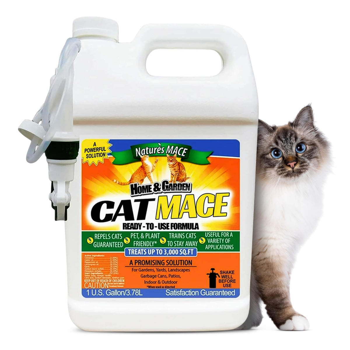 Nature's MACE cat deterrent bottle for outdoor spray deterring visits to gardens and patios.